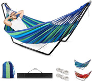 Space-Saving Double Cotton Hammock with Adjustable Steel Stand + Carry Bag