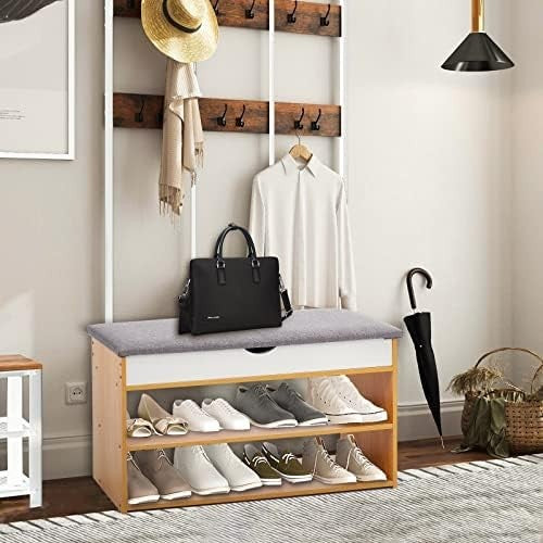 Natural Wooden Shoe Storage Bench with Cushion 2-Tier Organizer Cabinet