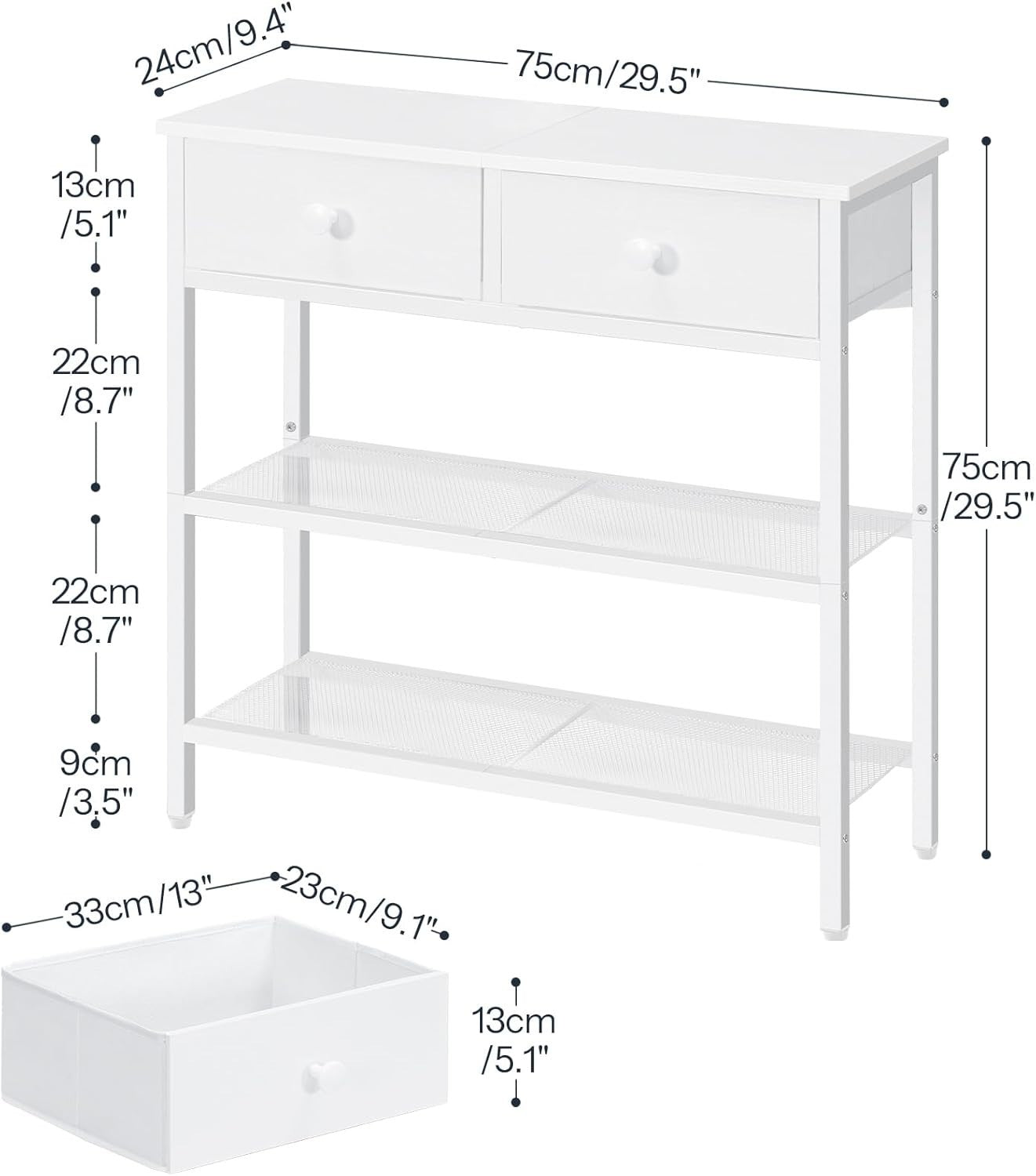 Slim White Console Table with 2 Drawers & Mesh Shelves – Space-Saving Storage