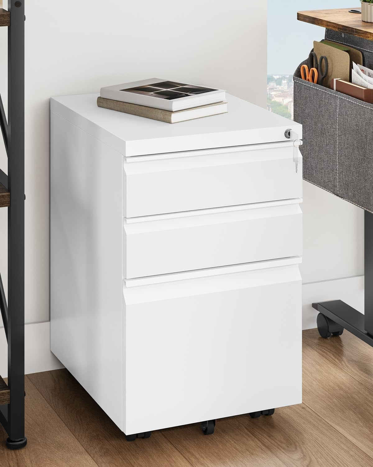 White Mobile File Cabinet 46x39x62cm Lockable 3 Drawer Steel