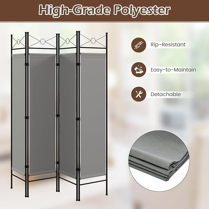 Grey 4 Panel Folding Room Divider – Freestanding Privacy Screen with Removable