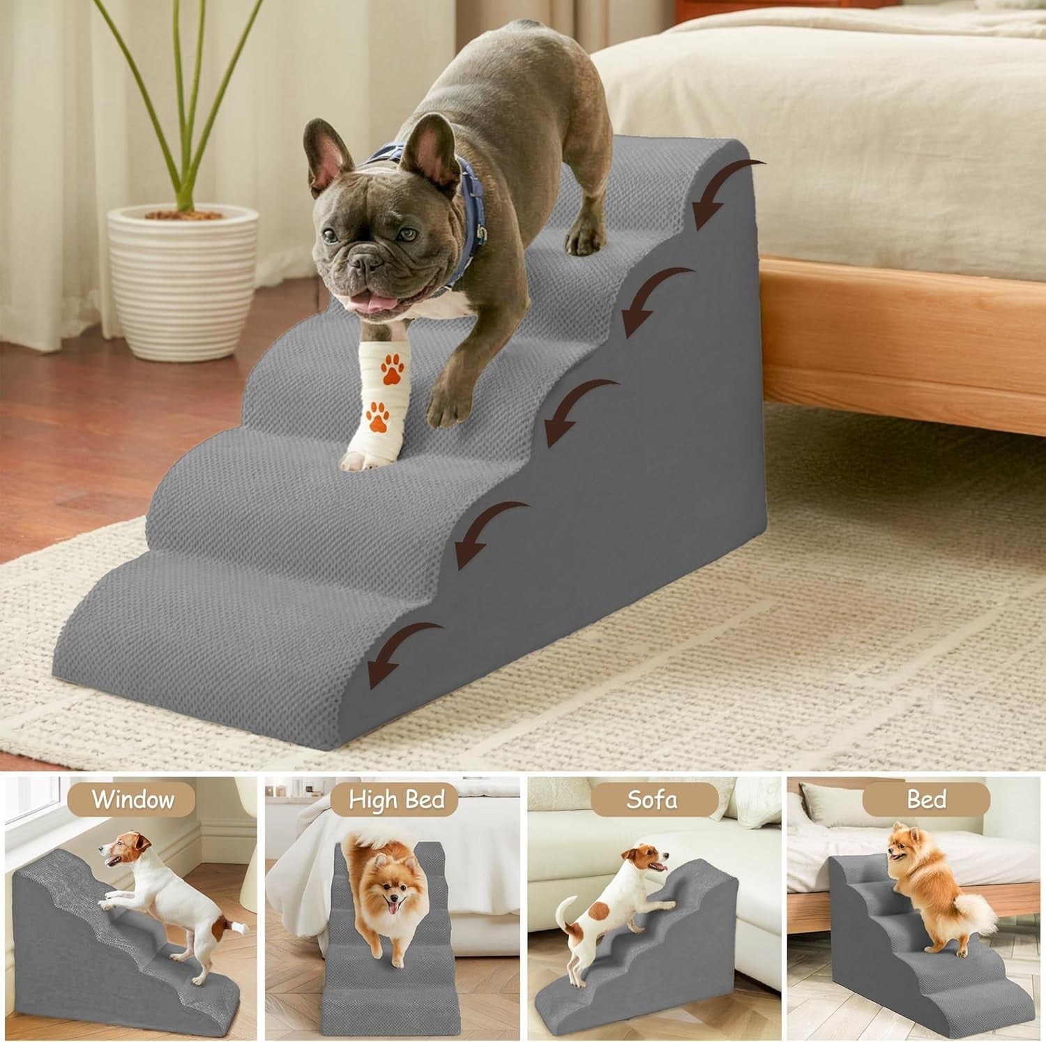 4 Step Dog Stairs Extra Tall Foam Pet Ramp for High Beds Grey