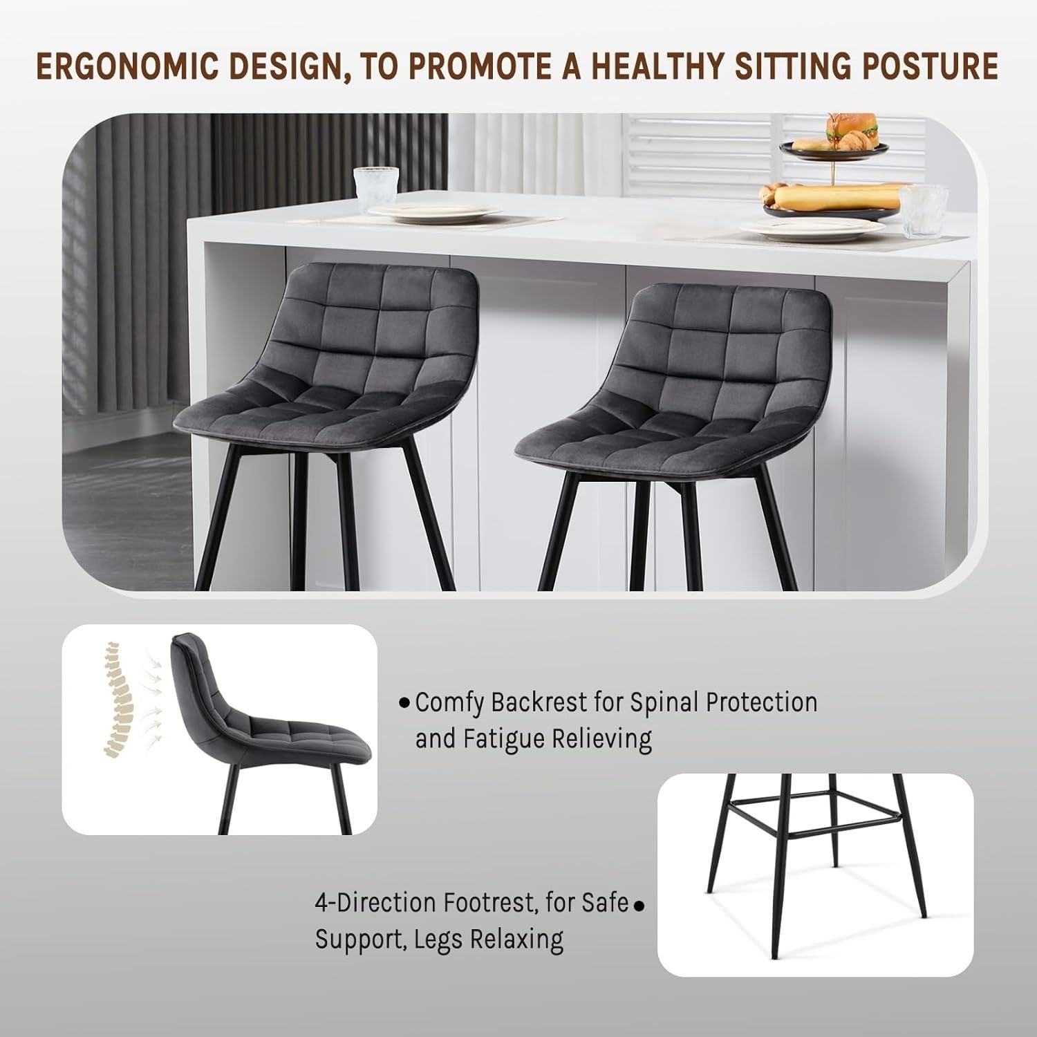 Set of 4 Dark Grey Velvet Bar Stools Rectangular Seat with Footrest 88cm
