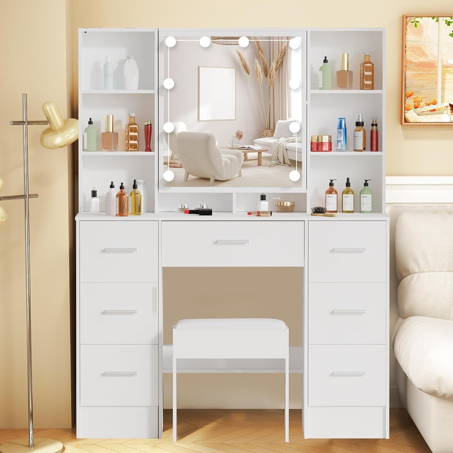 Modern Vanity Makeup Dressing Table w/Mirror Storage Drawers Lights Ivory