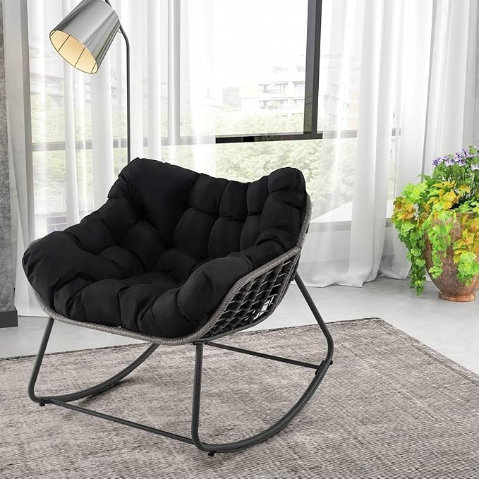 Luxury Rattan Rocking Chair – Thick Cushion, 150kg, Indoor Outdoor Use