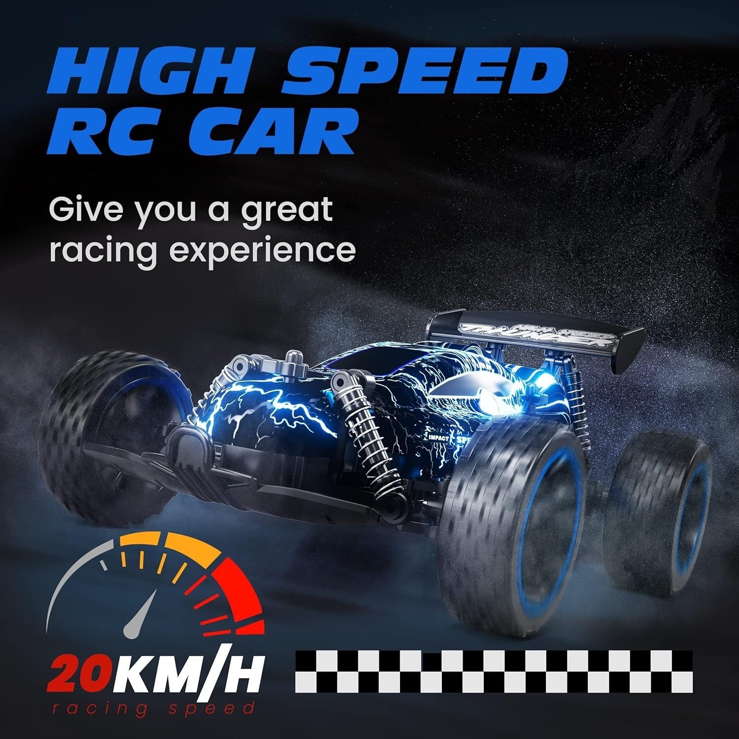High Speed RC Car for Kids 1:18 Scale, 20KM/H, LED, 2 Rechargeable Batteries