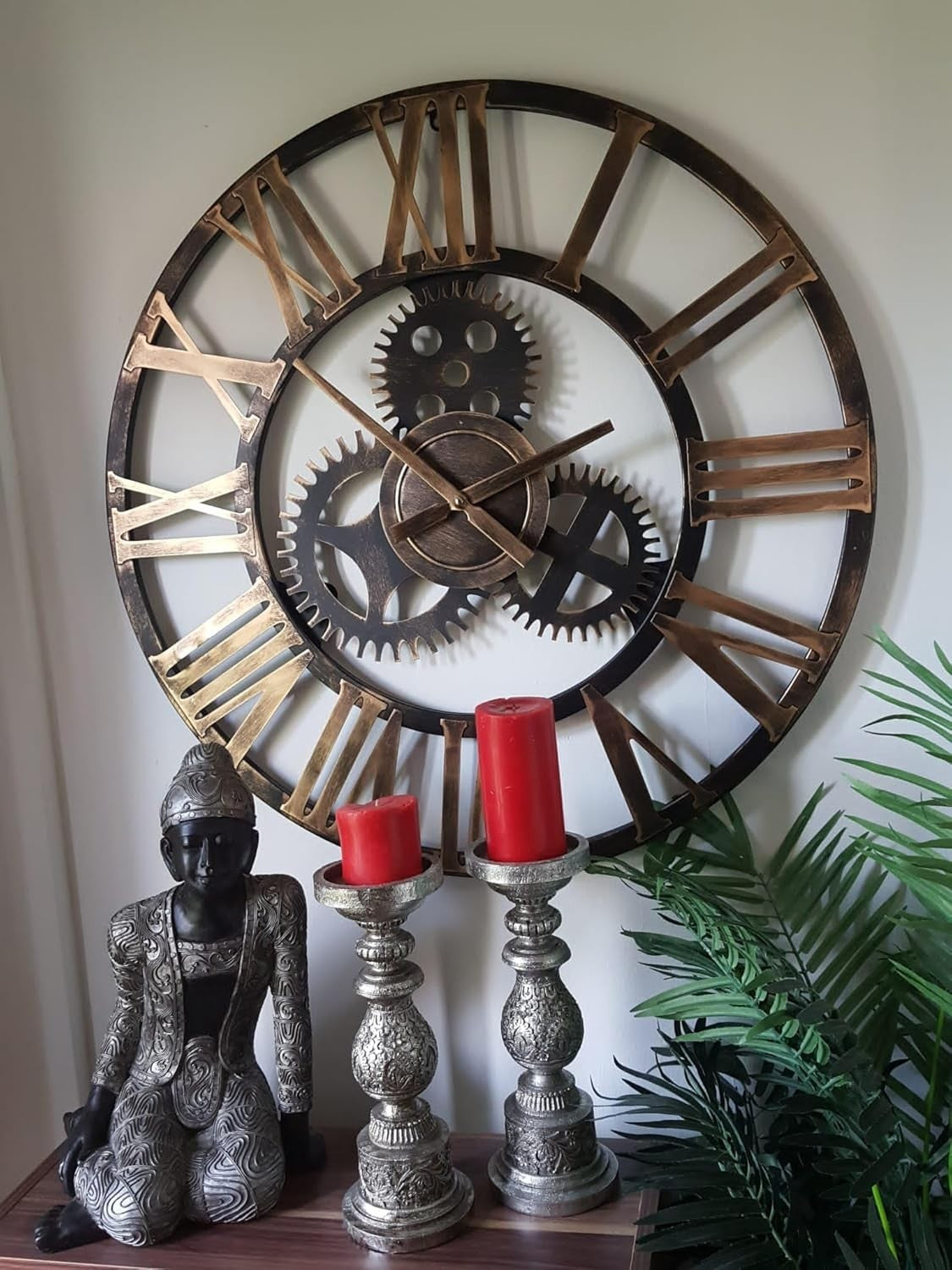 Large Rustic Gold Metal Skeleton Wall Clock - Silent Roman Numerals Decor