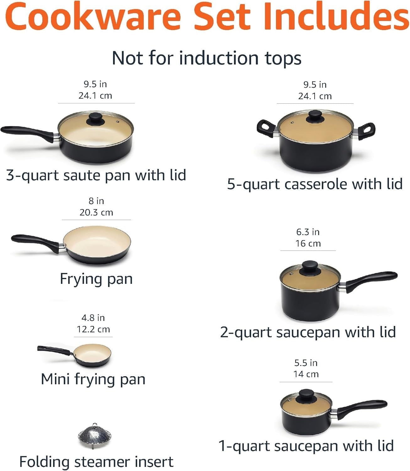 11pcs Ceramic Non Stick Cookware Set Black Cream PFOA Free Pots & Pans Kitchen
