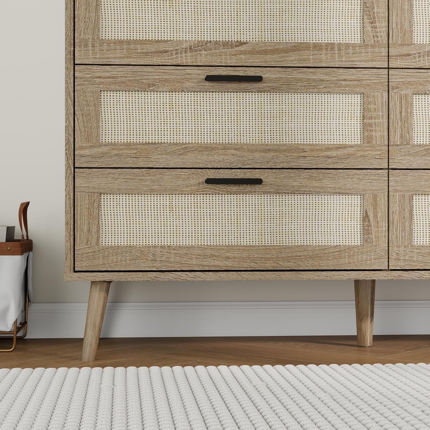 Oak Rattan Chest of Drawers 8 Drawer Storage Cabinet Wood Bedroom