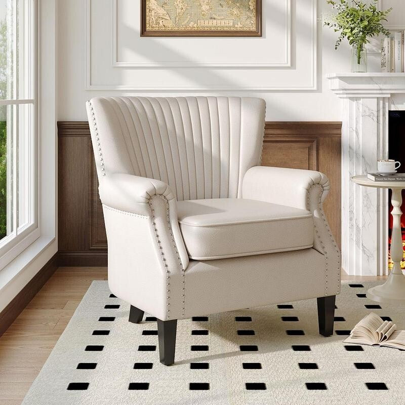 Beige Channel Armchair Deep Cushion Lounge Chair with Nailhead Trim