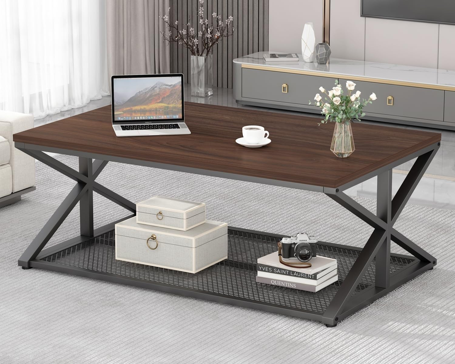 Walnut Coffee Table with Storage Shelf – Industrial 2-Tier Metal Frame 120cm