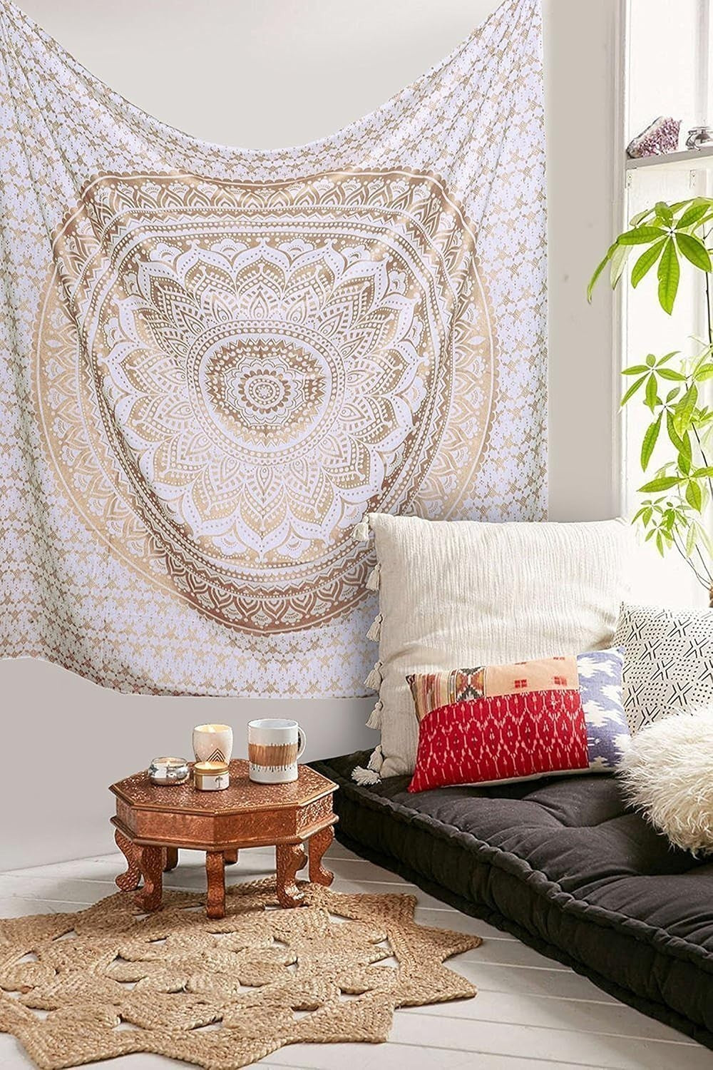 Boho White Gold Mandala Tapestry 55x82" Cotton Wall Hanging