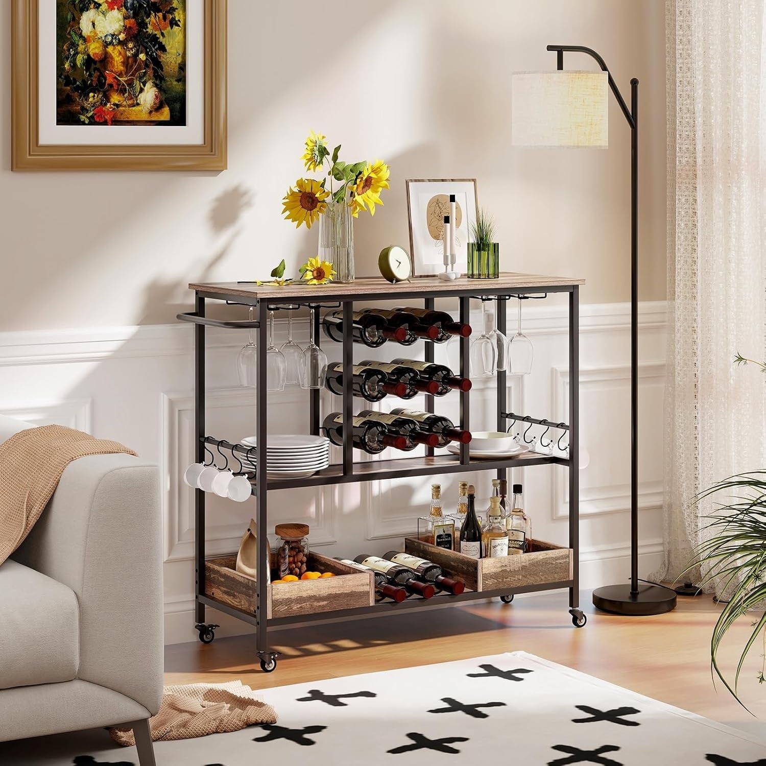 Kitchen Serving Trolley Bar Cart Wine Rack Glass Holder Lockable Wheels
