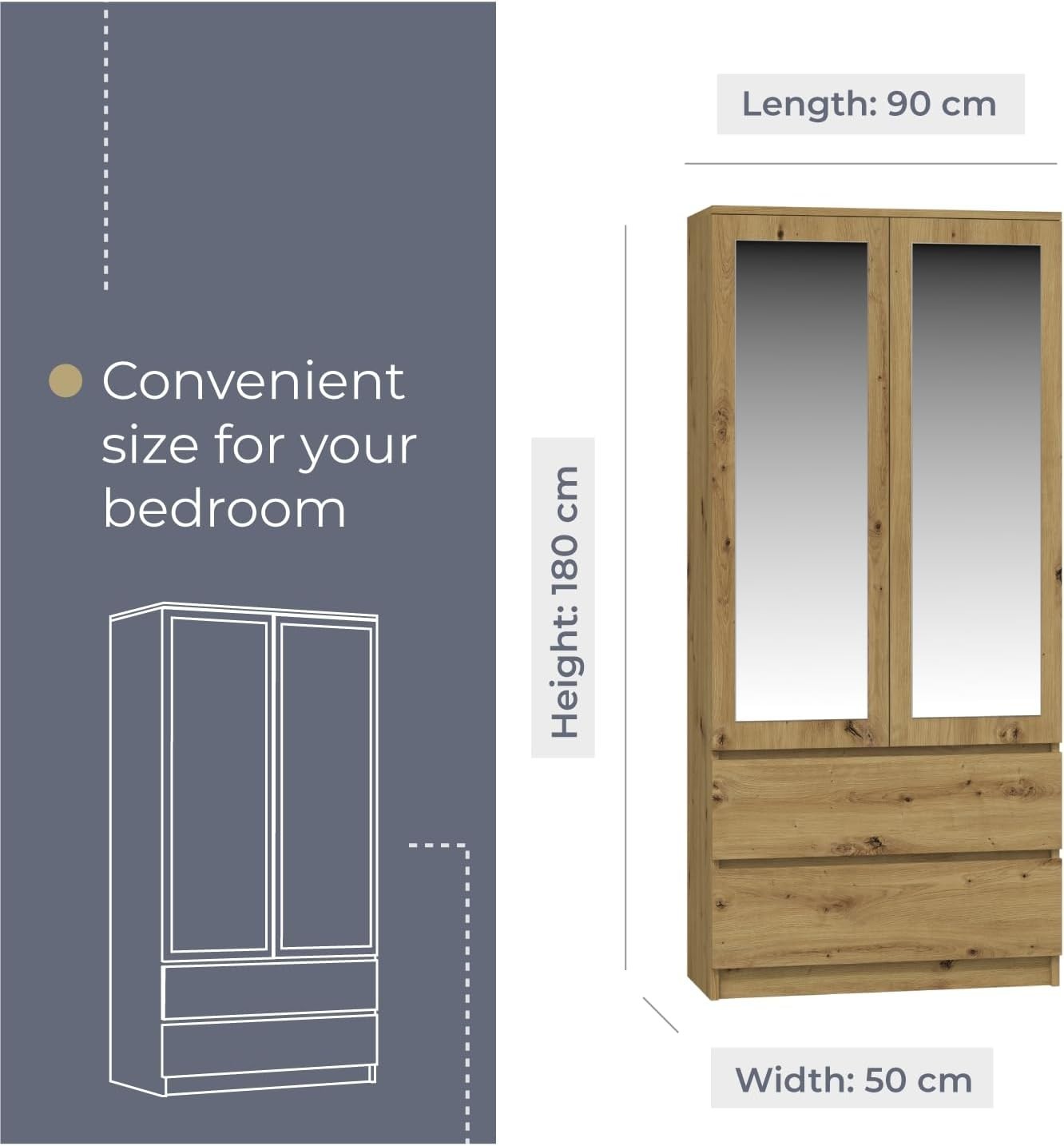 Modern Mirrored Double Wardrobe with Drawers – Oak Finish 2 Door