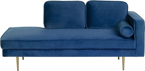 Modern Velvet Chaise Lounge Navy Blue Gold Legs Luxury Recliner Sofa 173cm