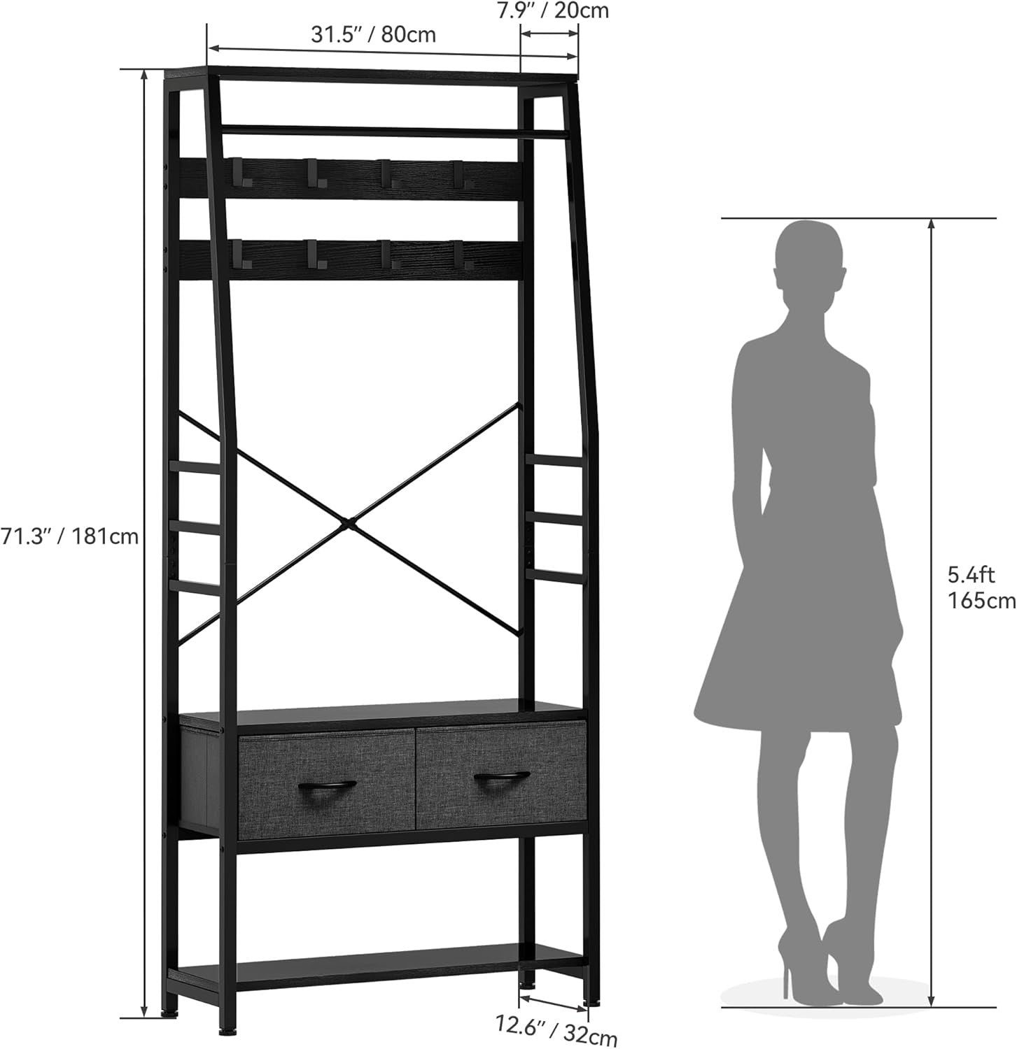 Black Metal Hall Tree Coat Rack | Bench with Shoe Storage & 2 Drawers Organizer