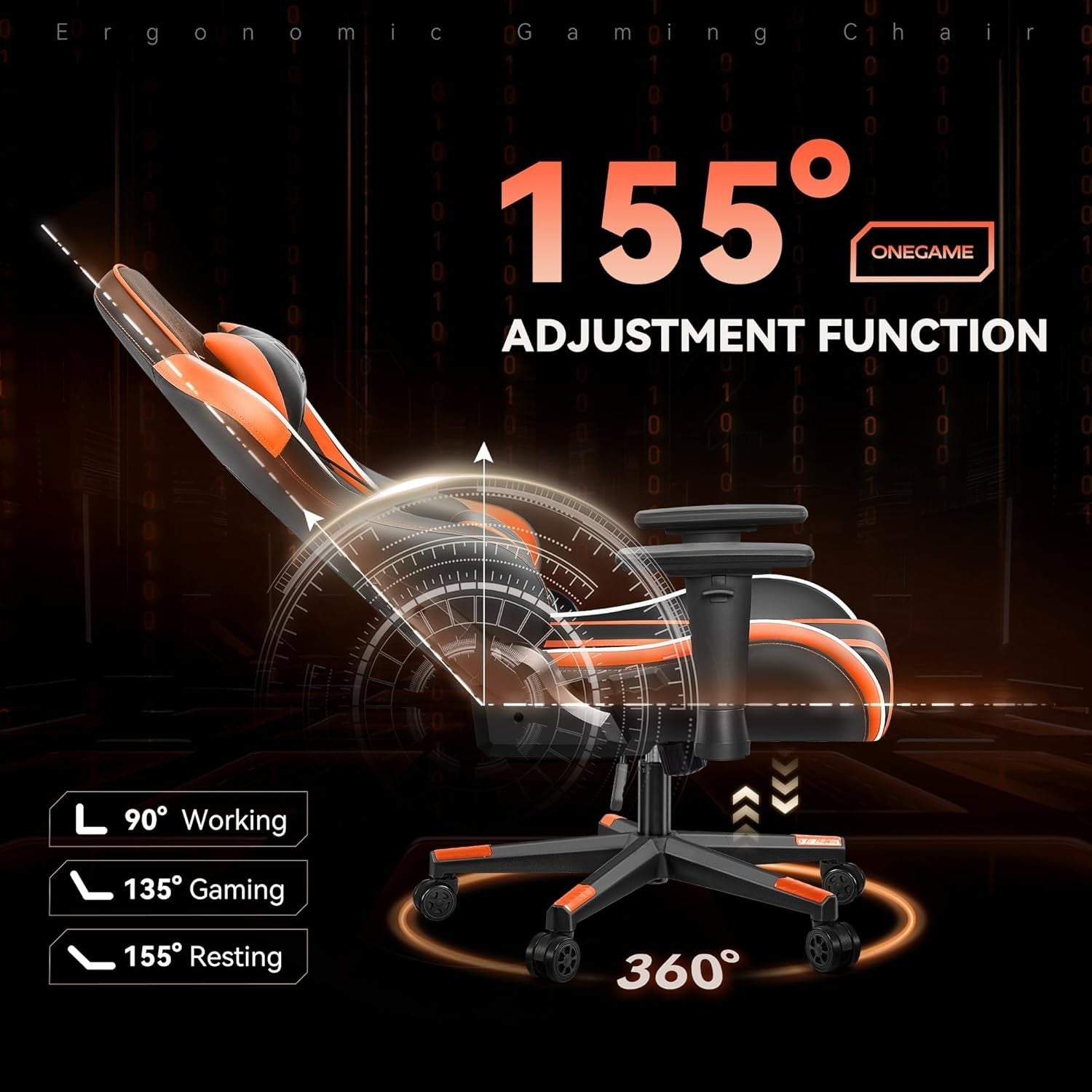 Orange High Back Gaming Chair Adjustable Lumbar Swivel PU Leather Office Studio