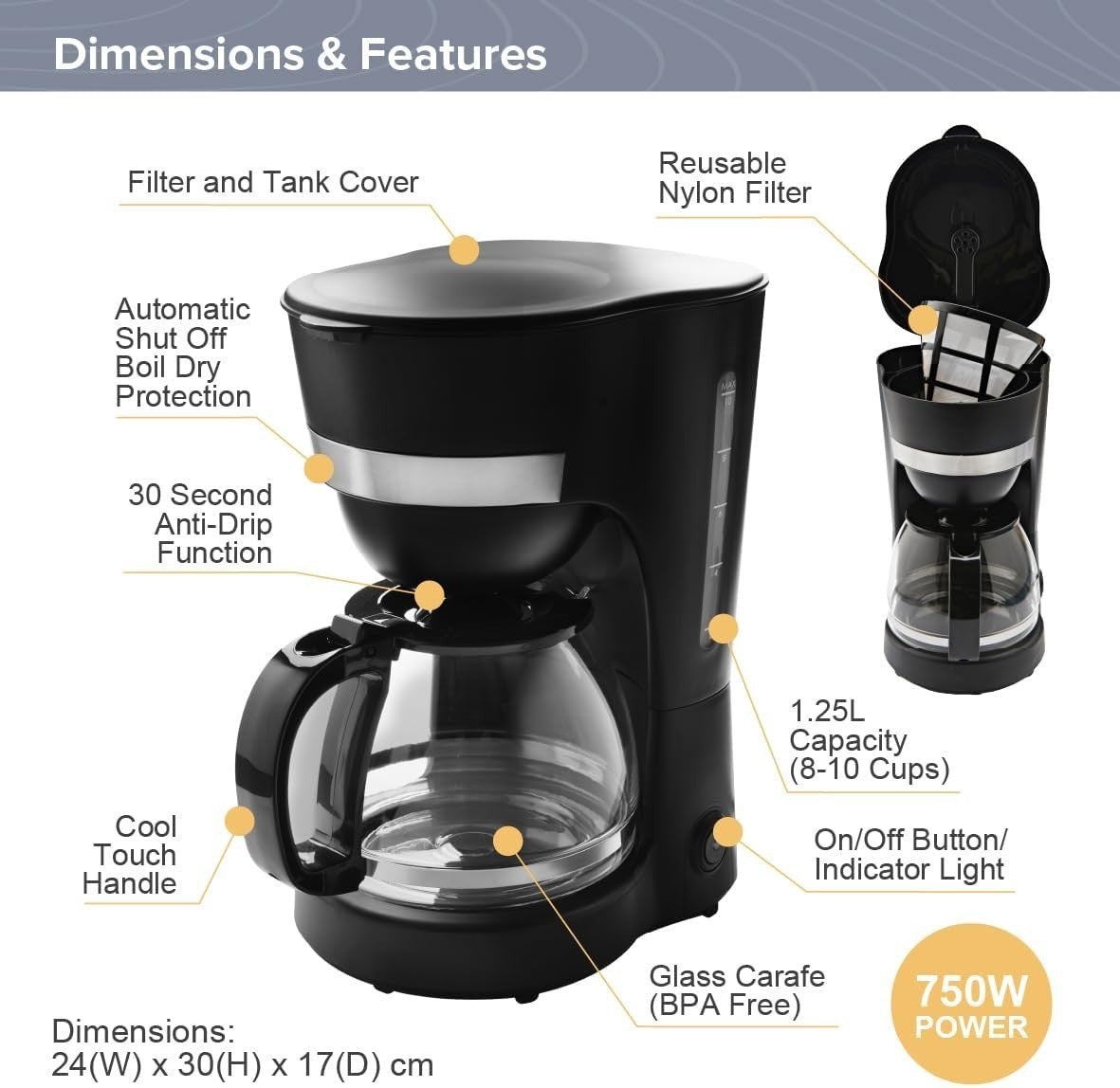 Large Capacity Filter Coffee Machine 1.25L Anti-Drip Reusable Filter Easy Clean