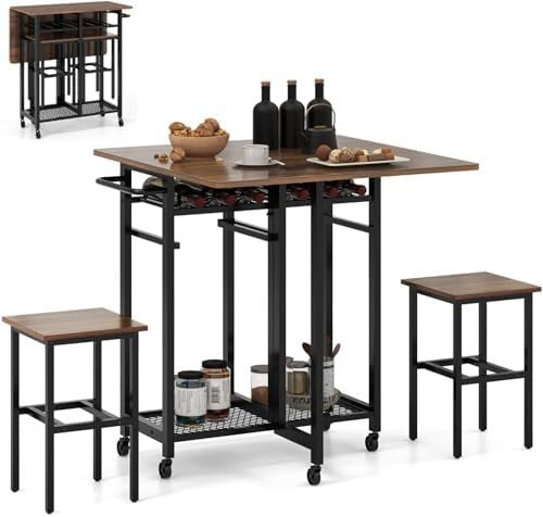 Foldable Drop Leaf Dining Table Set with Wine Rack Shelves & Stools on Wheels