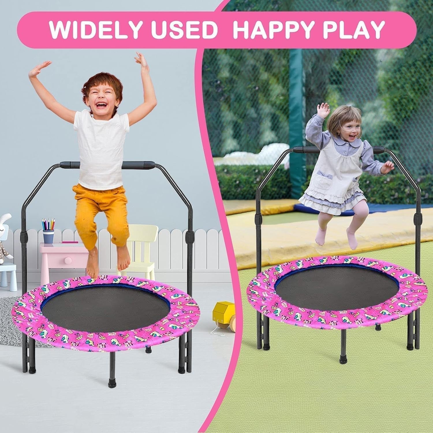 36'' Kids Mini Trampoline Quiet Foldable Adjustable Handle Safety Pad