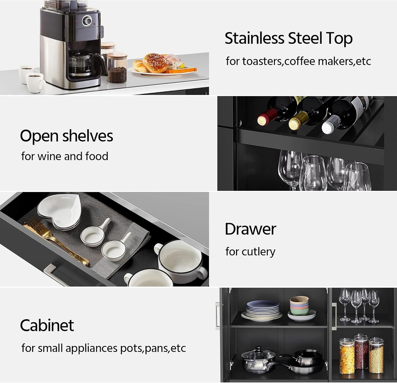 Kitchen Island Trolley on Wheels with Stainless Steel Top Drawer Wine Rack