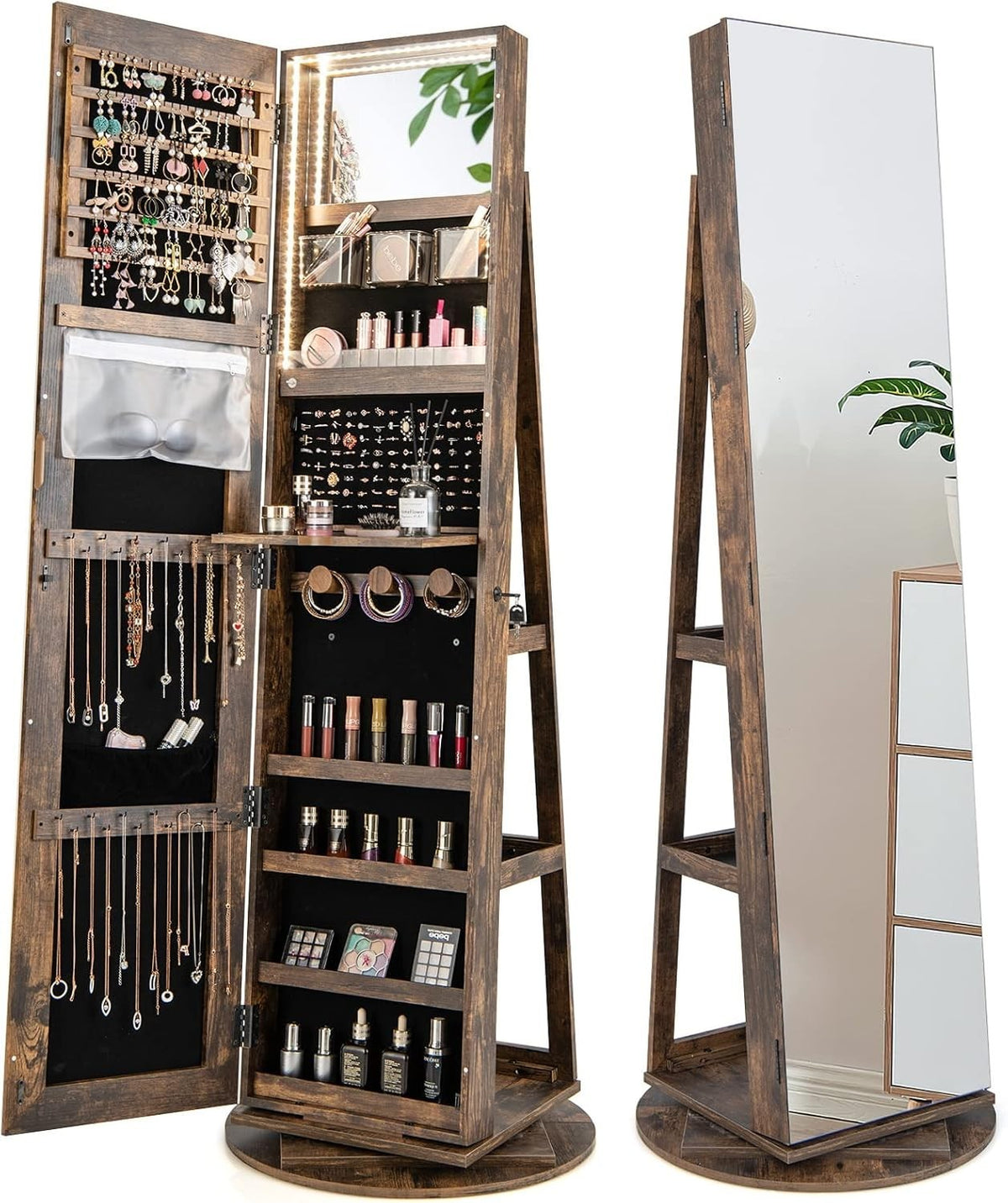 360° Rotating Jewelry Cabinet LED Mirror Lockable Storage Organizer