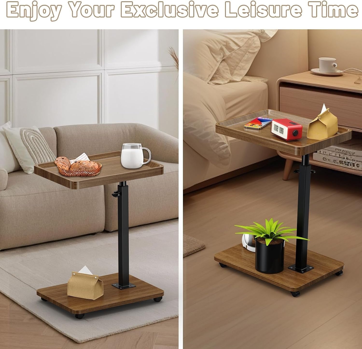 Adjustable C-Shaped Side Table with Wheels 360° Swivel Tray Walnut