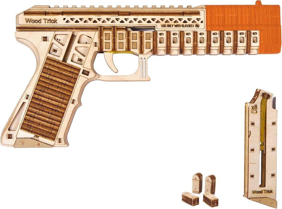 3D Wooden Toy Gun Puzzle DIY Mechanical Model Kit with 2 Magazines