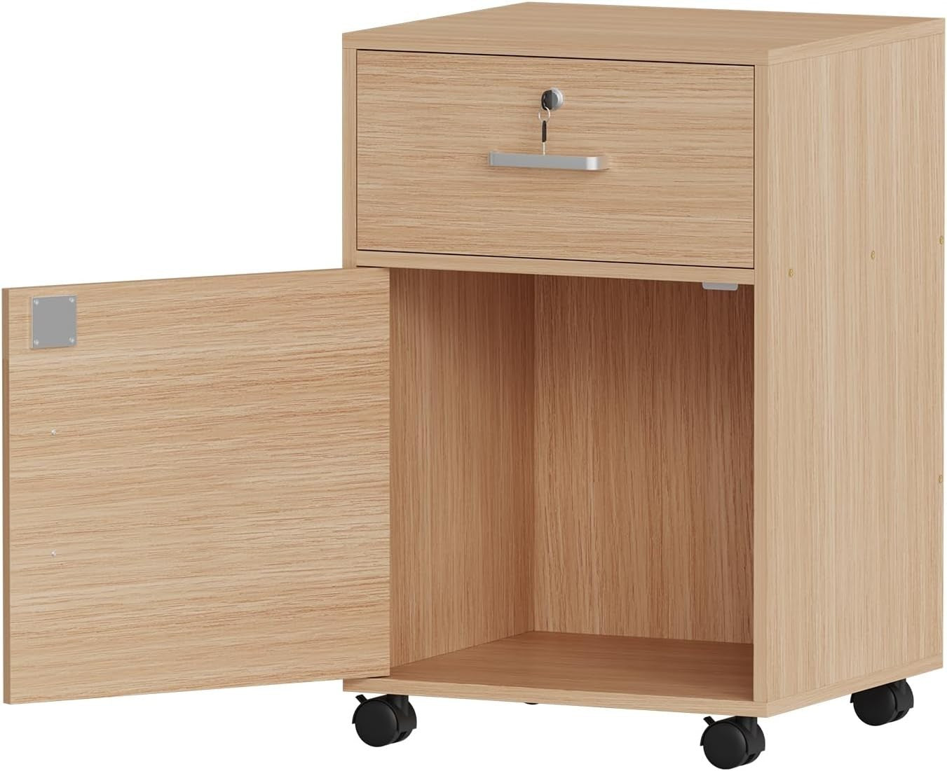 Maple Locking Rolling Desk Pedestal 1 Drawer Cabinet Under Desk