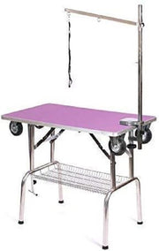 Mobile Dog Grooming Table Stainless Steel with Wheels Adjustable Arm Purple