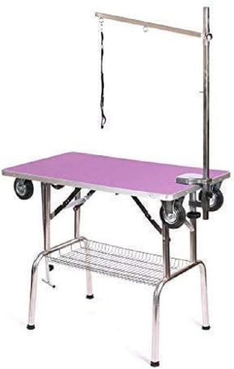 Mobile Dog Grooming Table Stainless Steel with Wheels Adjustable Arm Purple