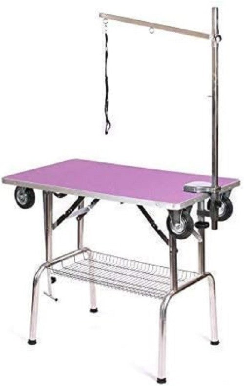 Mobile Dog Grooming Table Stainless Steel with Wheels Adjustable Arm Purple