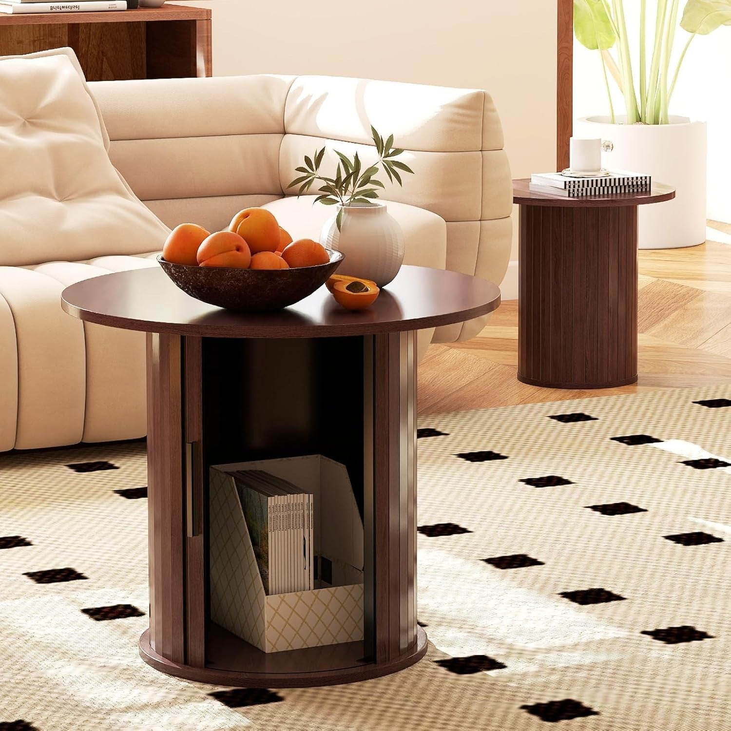 2-Piece 60cm Round Nesting Coffee Table Set with Hidden Storage, Dark Brown