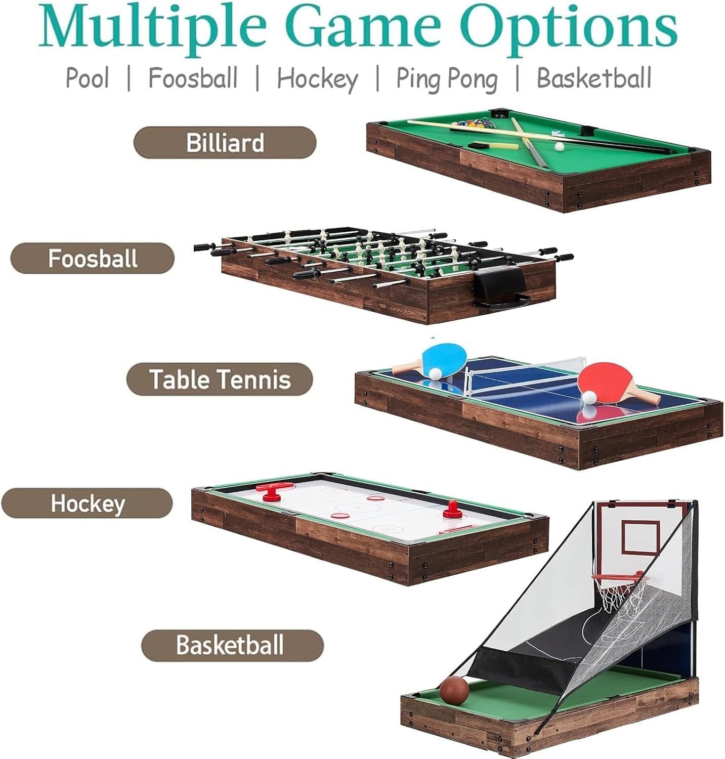 5 in 1 Multi Game Table 4ft Kids Pool Foosball Air Hockey Ping Pong