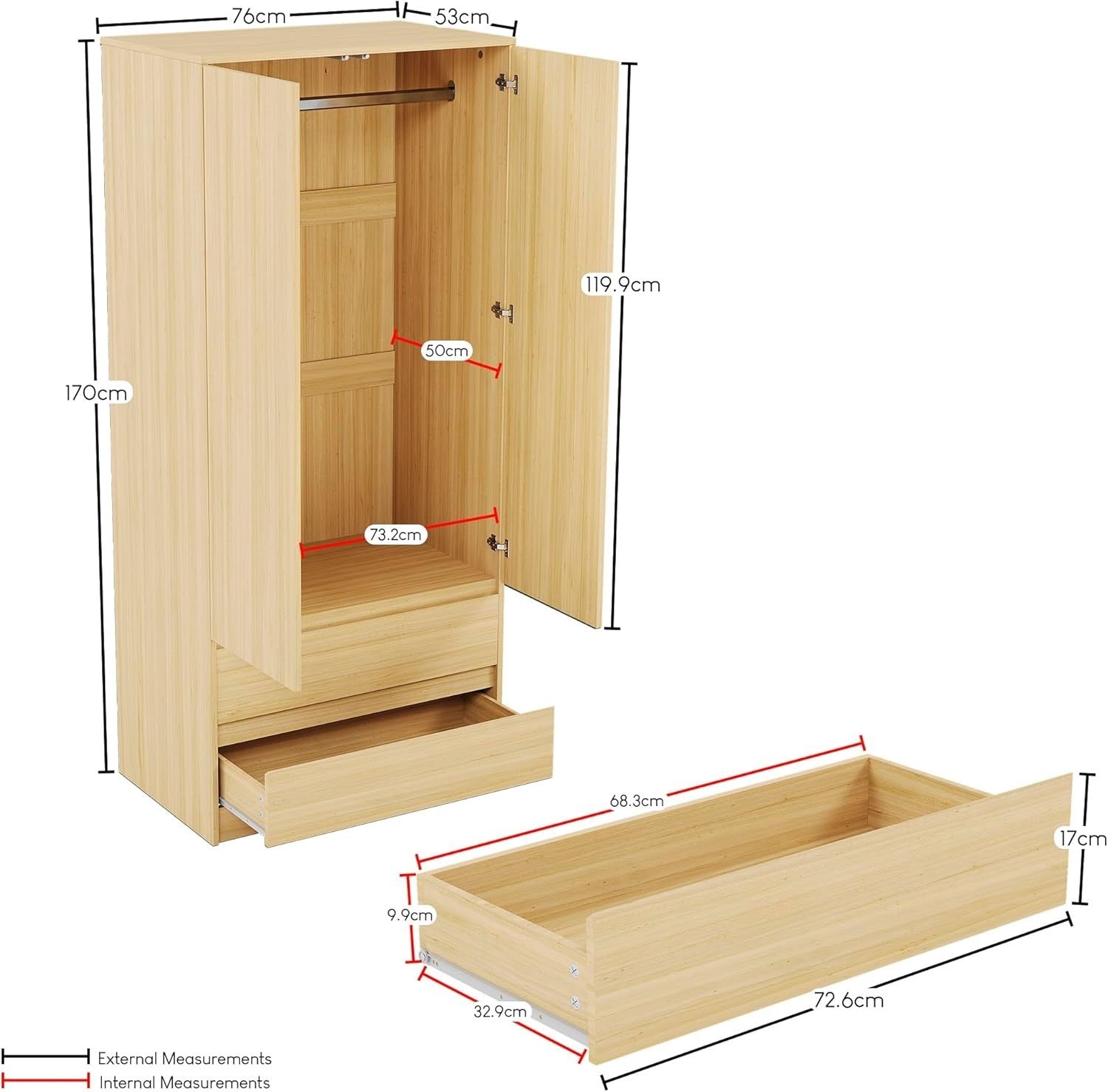 2 Door Wardrobe with 2 Drawers Pine Wood Storage Cabinet Modern Bedroom