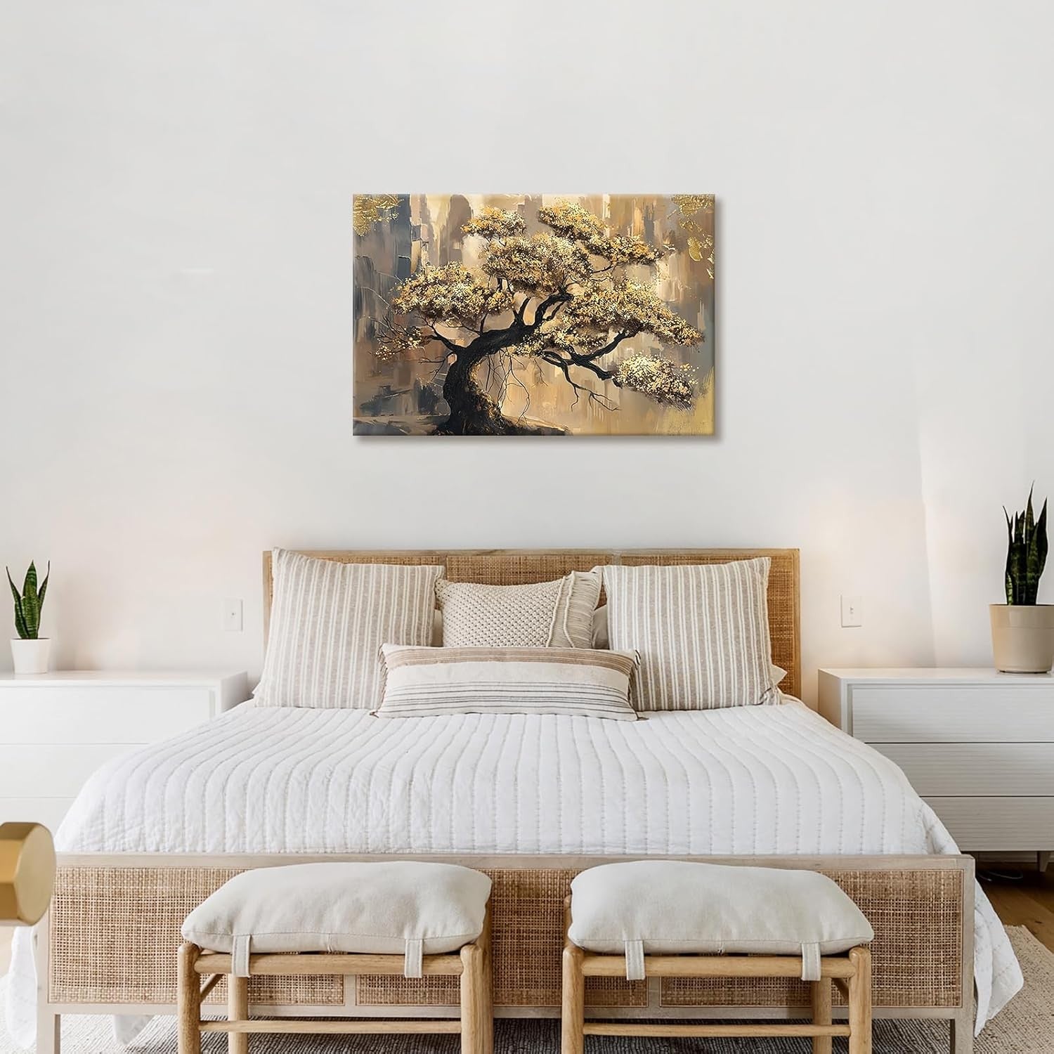 Gold Leaves Pine Tree Canvas Wall Art 90x60cm Framed Modern Decor