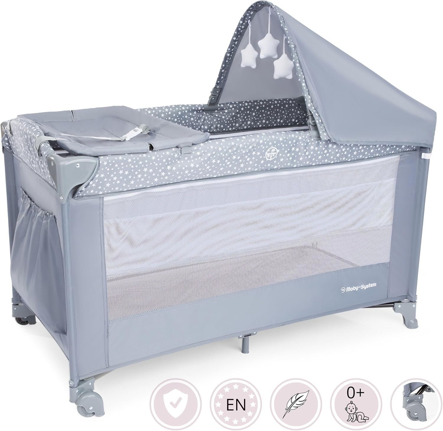 Baby Travel Cot Bedside Crib with Mattress 7 Heights Wheels & Side Panel Grey