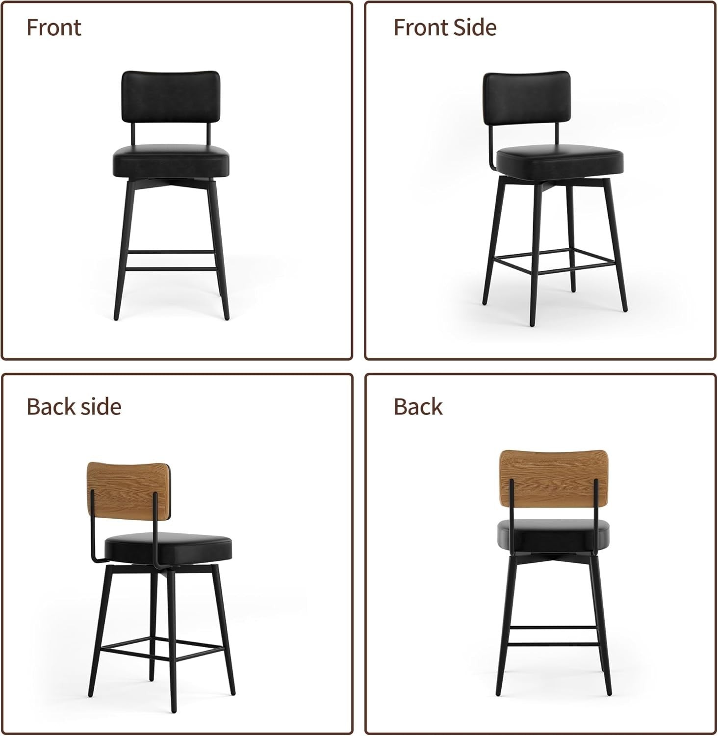 Swivel Bar Stools Set of 2 | Black PU Leather L-Shaped Counter Chairs