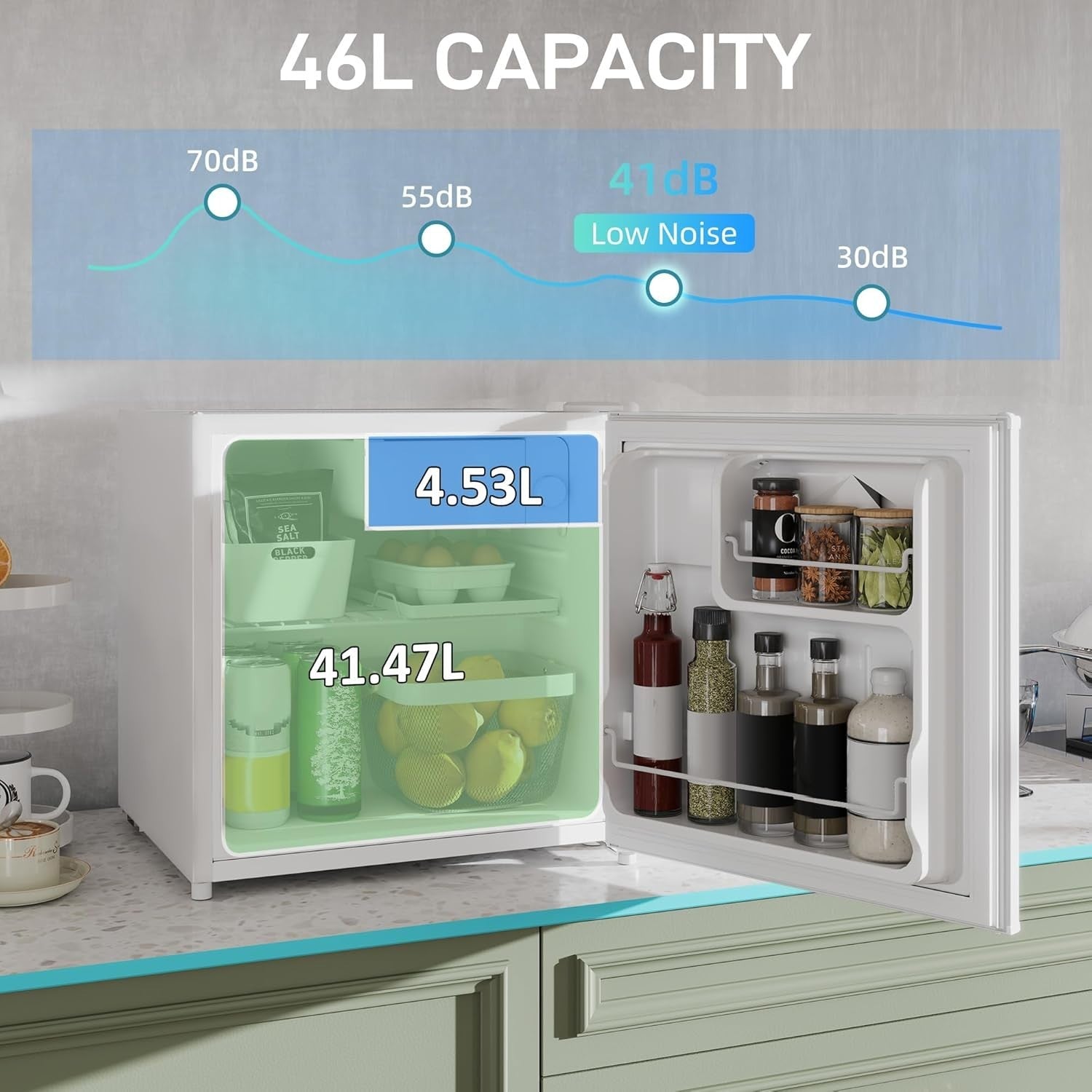 46L Mini Fridge Countertop Cream White Freezer Ice Box Reversible