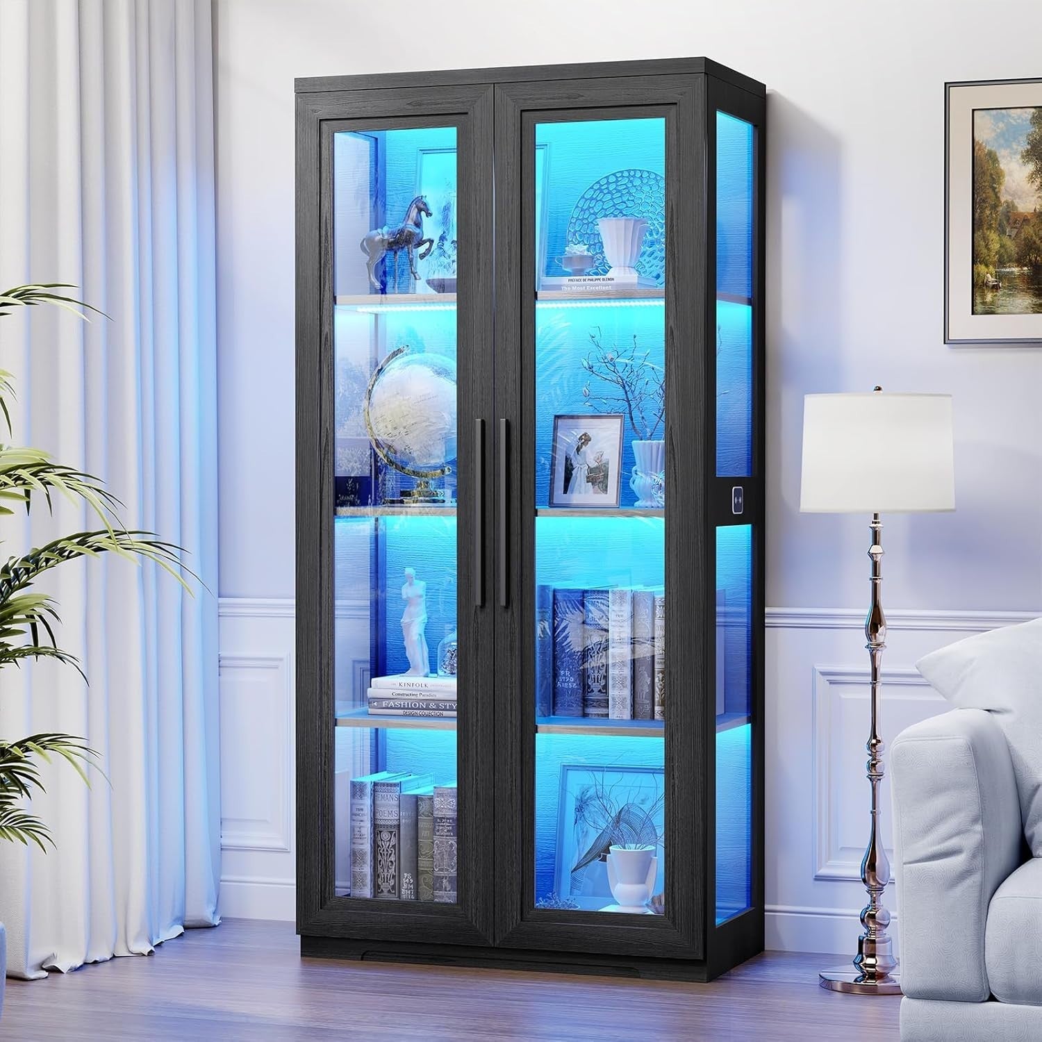 LED Display Cabinet Glass Doors Bookshelf with Storage 3-Color Lights