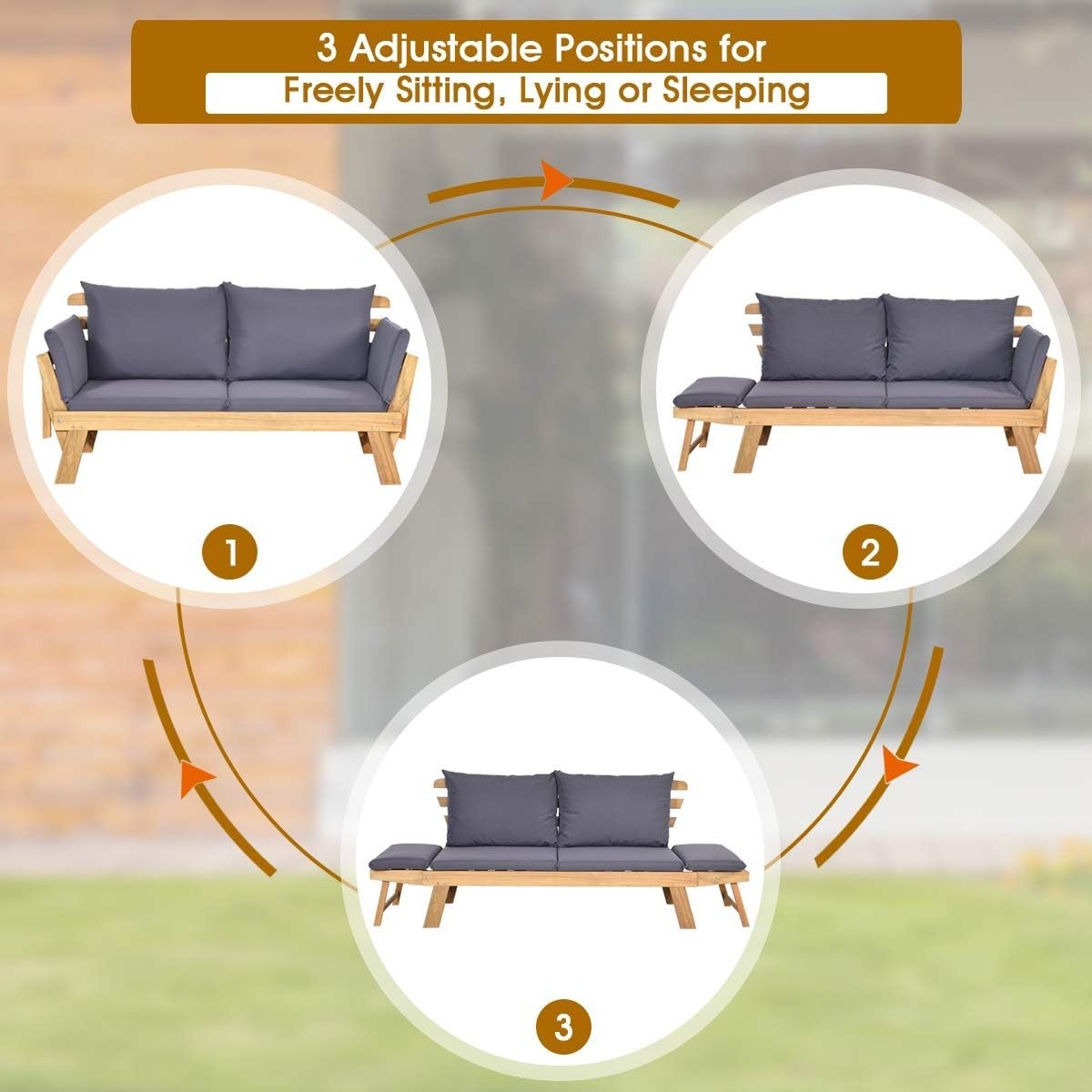3-in-1 Outdoor Wooden Sofa Bed Lounger | 142×71×76cm | Reclining Daybed