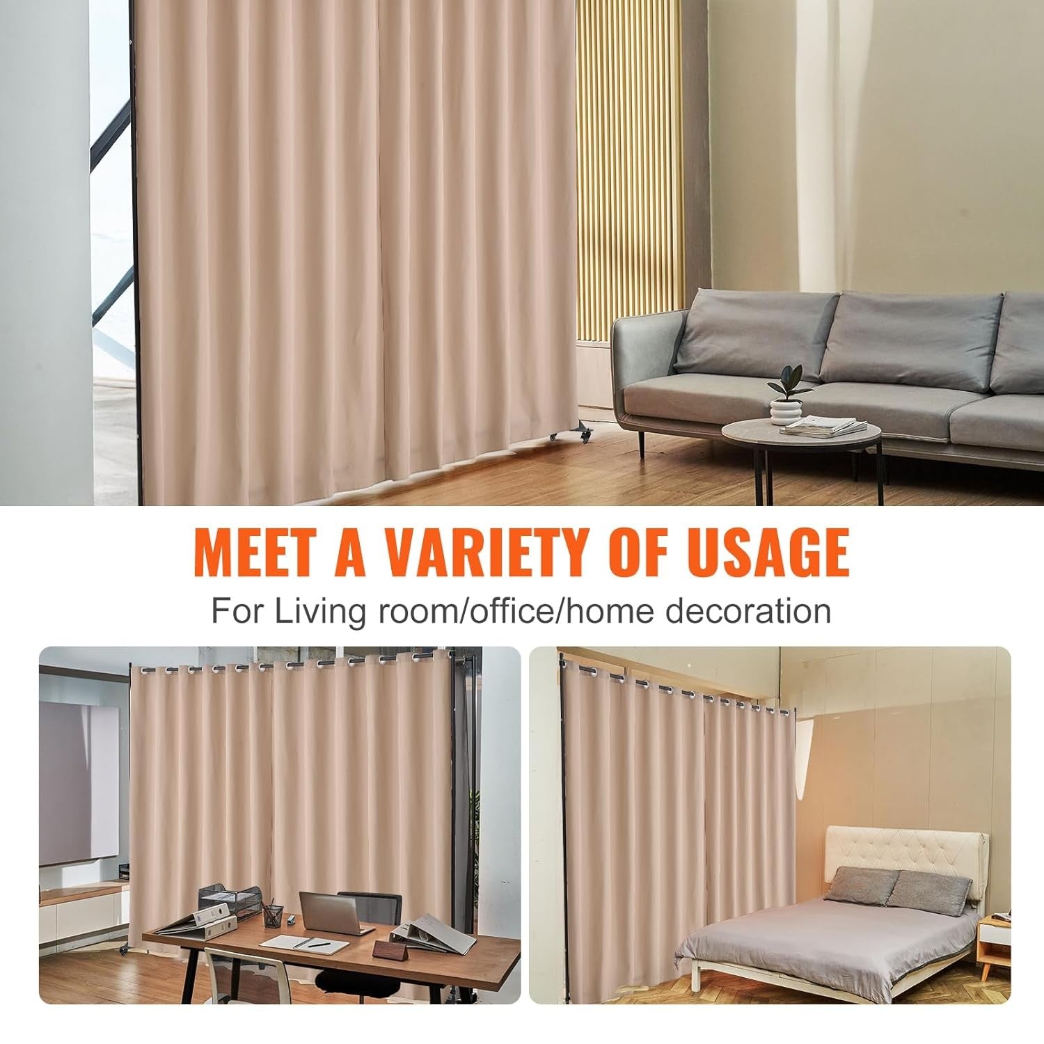 Portable Curtain Room Divider on Wheels Brown Privacy Screen 309x246cm