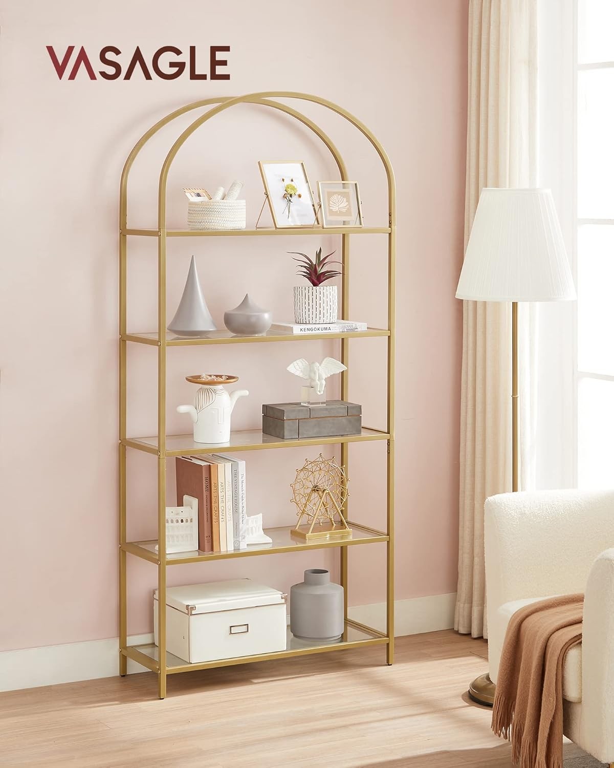 5-Tier Gold Arched Glass Shelf Unit Modern Tall Display Storage Rack