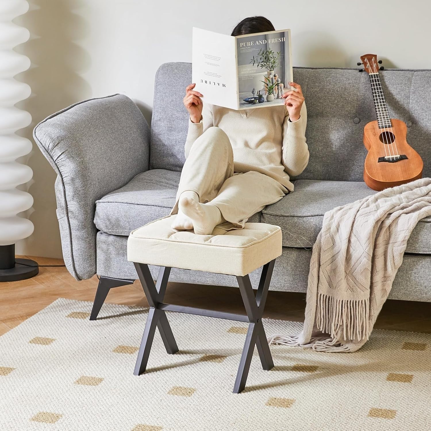 Grey Linen X-Leg Makeup Stool – Modern Ottoman Footrest & Side Table