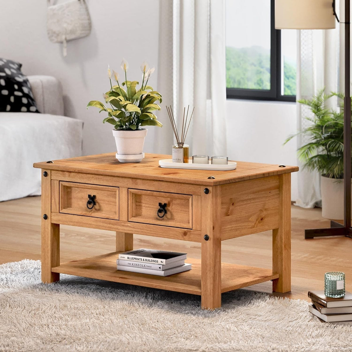 Mercers Corona Coffee Table with 2 Drawers & Shelf Solid Pine Antique Wax