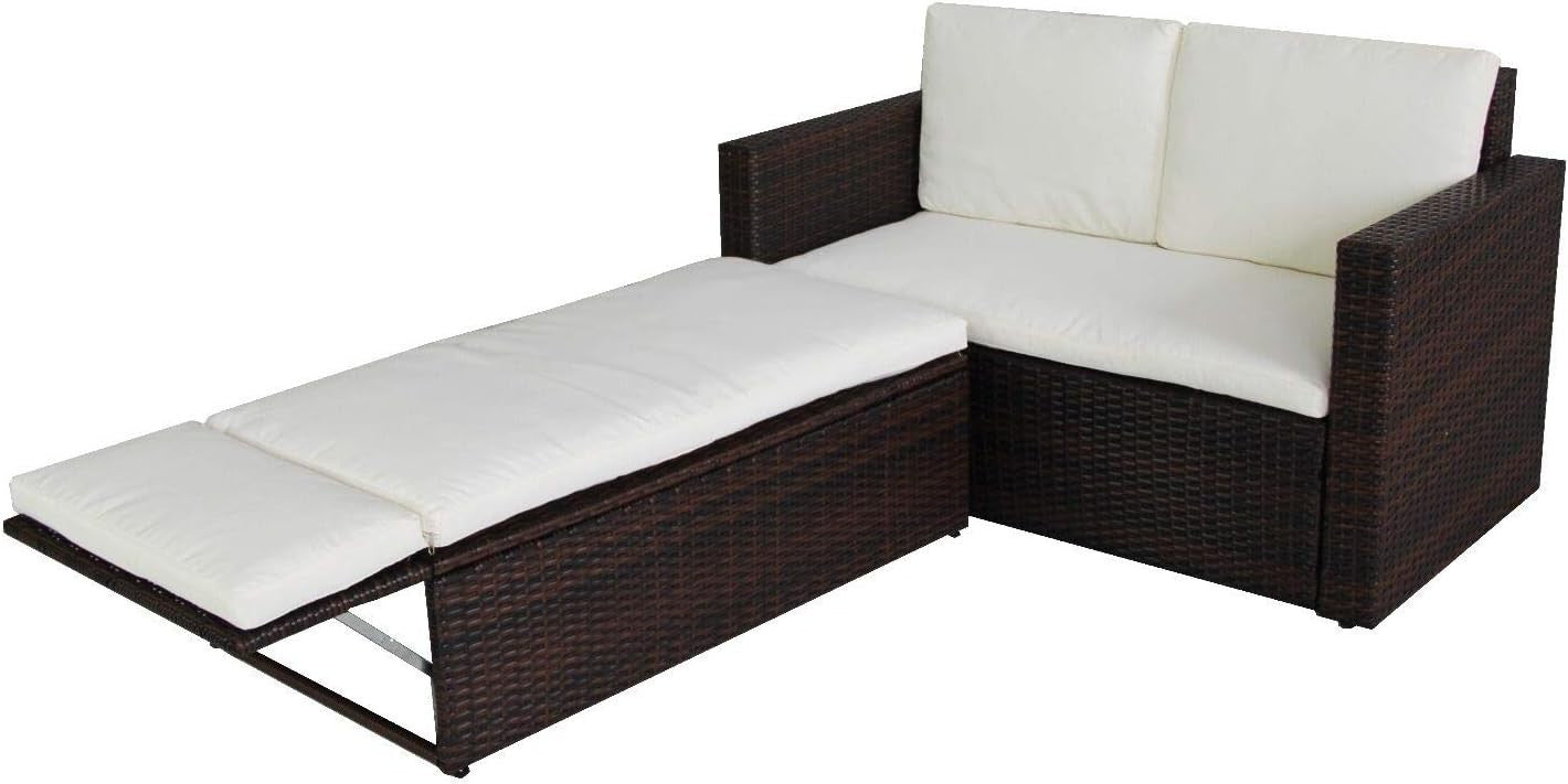 Brown 2-Seater Rattan Outdoor Lovebed with Cushions & Adjustable Footstool