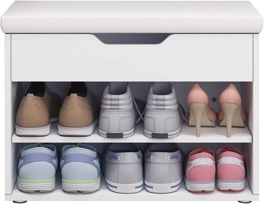 Modern White Shoe Storage Bench with Cushion, 2-Tier Rack & Hidden Compartment