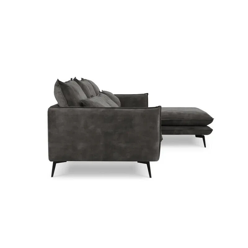 Right Hand Corner Sofa Grey Velvet – 4 Seater Chaise Lounge with Metal Legs