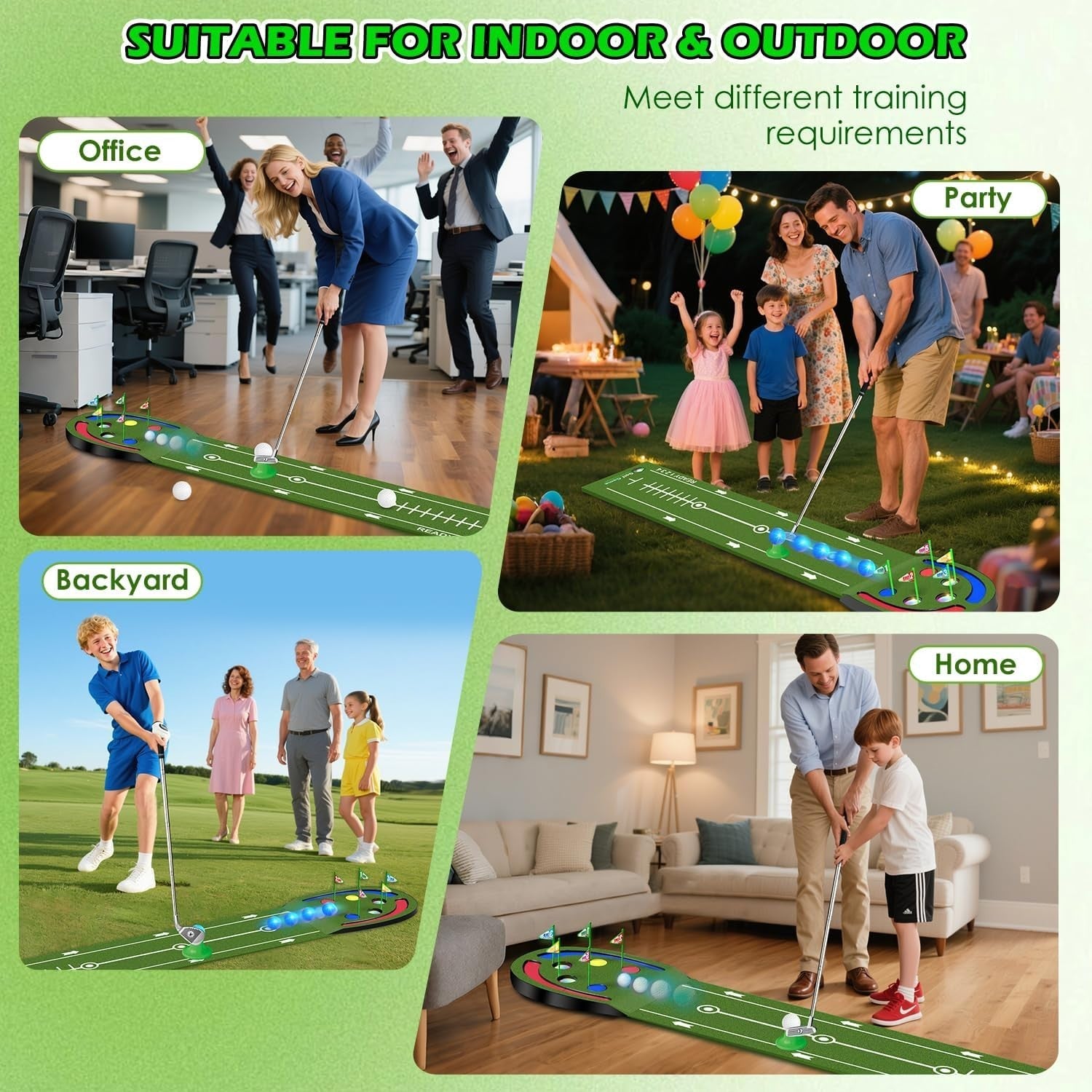 Kids Indoor Golf Putting Mat Game Set LED Balls Portable Practice Green