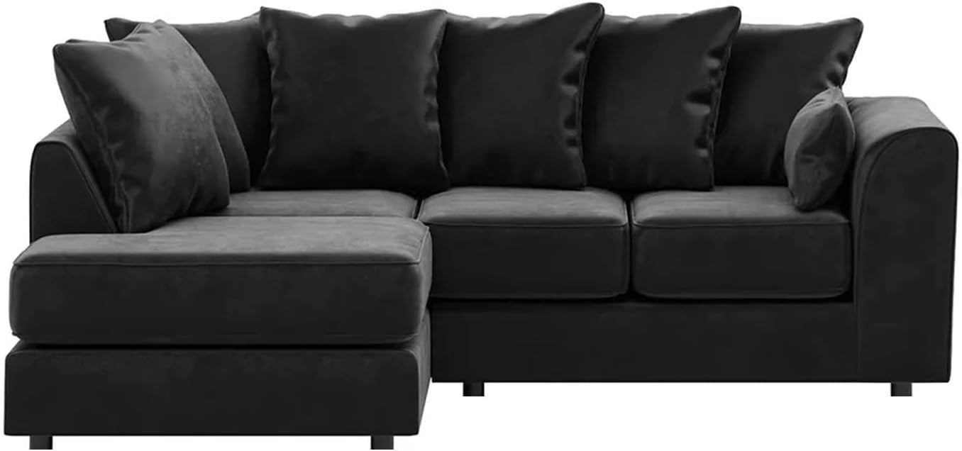 Black Velvet Corner Sofa 4 Seater L Shape | Full Foam Cushions | Left Hand